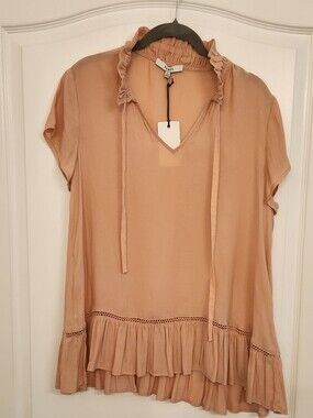 RO & DE Dusty Peach Ruffle Tie-Neck Blouse